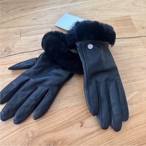 UGG Black Leather Fur-Trimmed Gloves